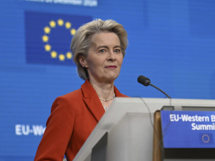 European Commission President Ursula von der Leyen addresses a media conference at an EU-W