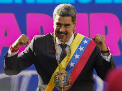 Venezuelan President Nicolas Maduro addresses government supporters on his inauguration da