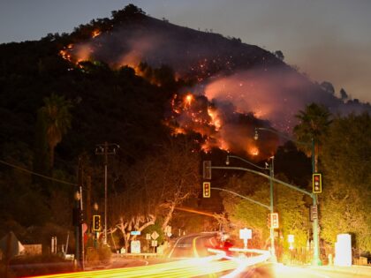 LOS ANGELES, CALIFORNIA - JANUARY 9: A view of flames at the mountain as seen from Topanga