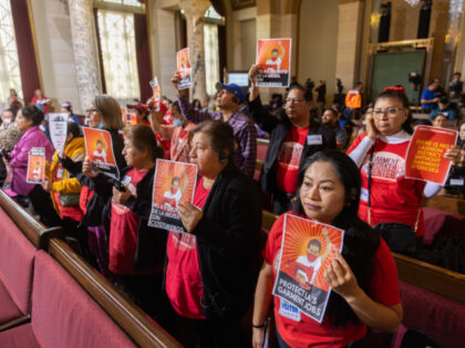 LOS ANGELES, CA - DECEMBER 04: Garment workers showed support for the city's downtown