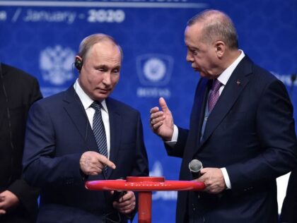 Prime Minister of Bulgaria Boyko Borisov (L), Russian President Vladimir Putin (C) and Tur