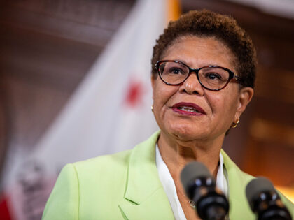 Los Angeles Mayor Karen Bass speaks at a news conference to raise awareness for tenant rig