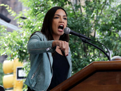 US Democratic Representative from New York Alexandria Ocasio-Cortez speaks at the end of t