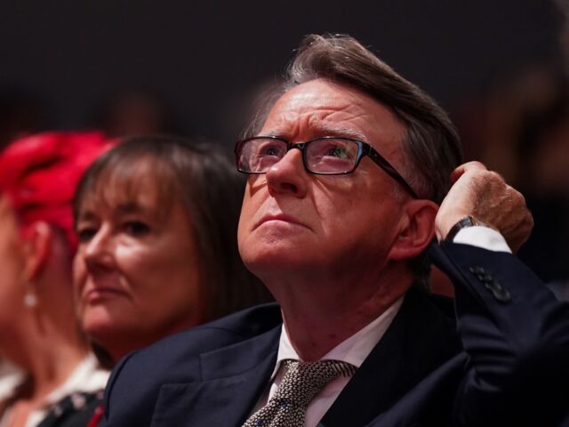 LIVERPOOL, ENGLAND - OCTOBER 09: Lord Peter Mandelson listens as Jonathan Reynolds, Shadow