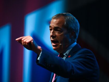 EXETER, ENGLAND - NOVEMBER 09: Nigel Farage, leader of Reform UK, gives his speech at West