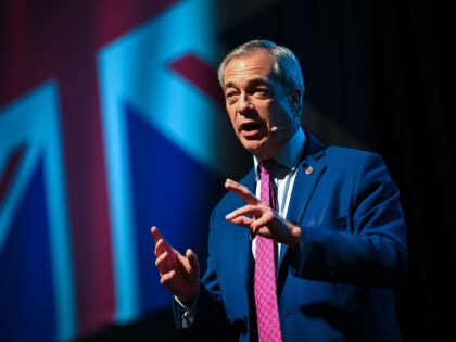 EXETER, ENGLAND - NOVEMBER 09: Nigel Farage, leader of Reform UK, gives his speech at West