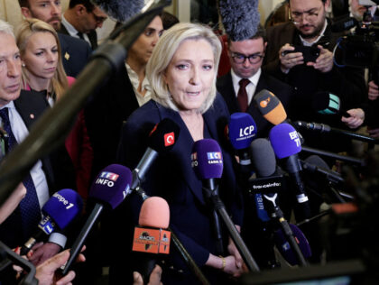 President of Rassemblement National parliamentary group Marine Le Pen answers journalists&