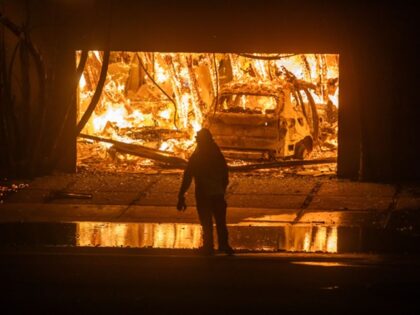 LOS ANGELES, CALIFORNIA - JANUARY 8: A firefighter watches the flames from the Palisades F