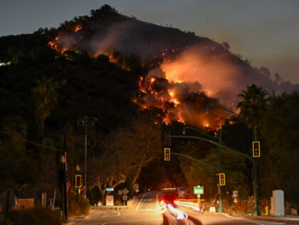 LOS ANGELES, CALIFORNIA - JANUARY 9: A view of flames at the mountain as seen from Topanga