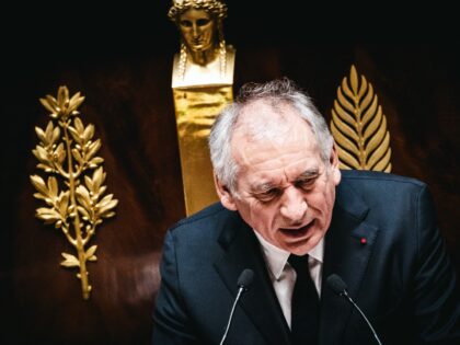 Portrait of France s Prime Minister Francois Bayrou speaking from the rostrum, Statement o