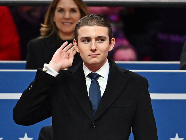 Barron Trump gestures after being acknowledged by his father US President Donald Trump dur