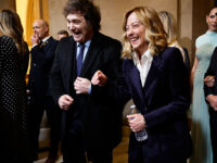 President of Argentina Javier Milei talks with Prime Minister of Italy Giorgia Meloni ahea