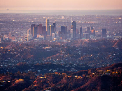 Buildings in downtown Los Angeles after the Eaton Fire from Altadena, California, US, on T