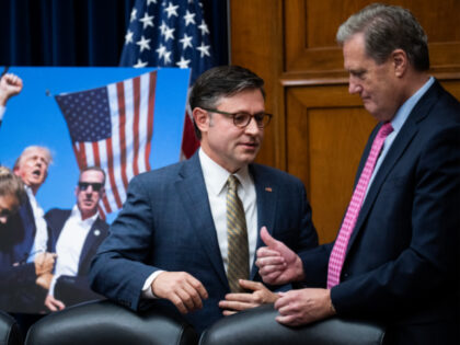 Speaker of the House Mike Johnson, R-La., left, and Rep. Mike Turner, R-Ohio, arrive for t