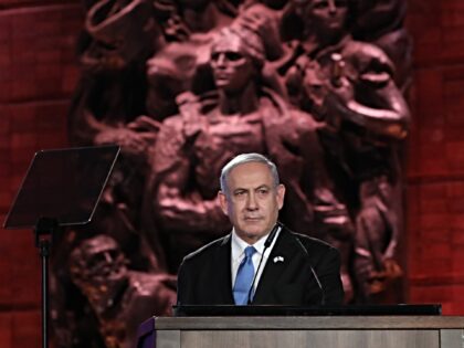 Israeli Prime Minister Benjamin Netanyahu delivers a speech during the Fifth World Holocau