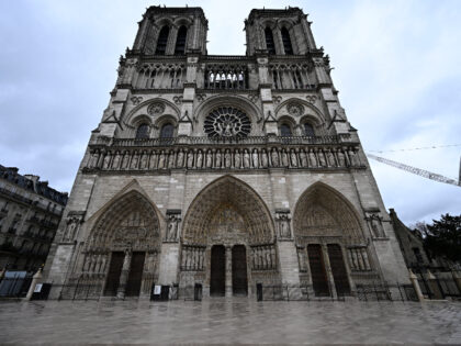 This photograph shows the facade of the Notre-Dame de Paris cathedral, in Paris on Decembe