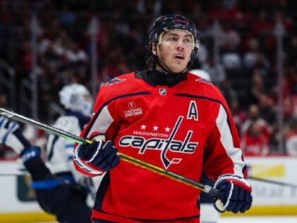 WASHINGTON, DC - MARCH 24: T.J. Oshie #77 of the Washington Capitals looks on against the