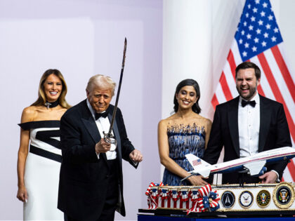 US First Lady Melania Trump, from left, President Donald Trump, Second Lady Usha Chilukuri