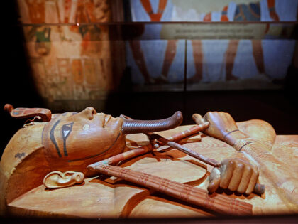 PARIS, FRANCE - APRIL 06: The wooden coffin of Egyptian Pharaoh Ramses II is displayed dur