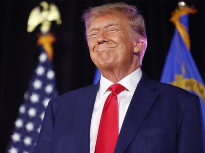 Donald Trump smiles before he delivers remarks on July 8, 2023, in Las Vegas, Nevada. (Mar